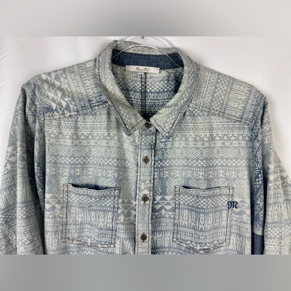 Miss Me Long Sleeve Denim Button Up. Women's Size Large. Blue. Light wash. Aztec - Picture 2 of 10